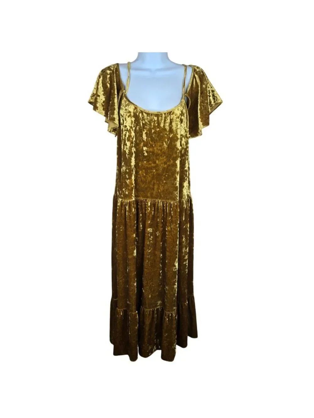 Rebecca MinkoffāBuffy Dress Velvet Midi Cold Shoulder Marigold Yellow Size S